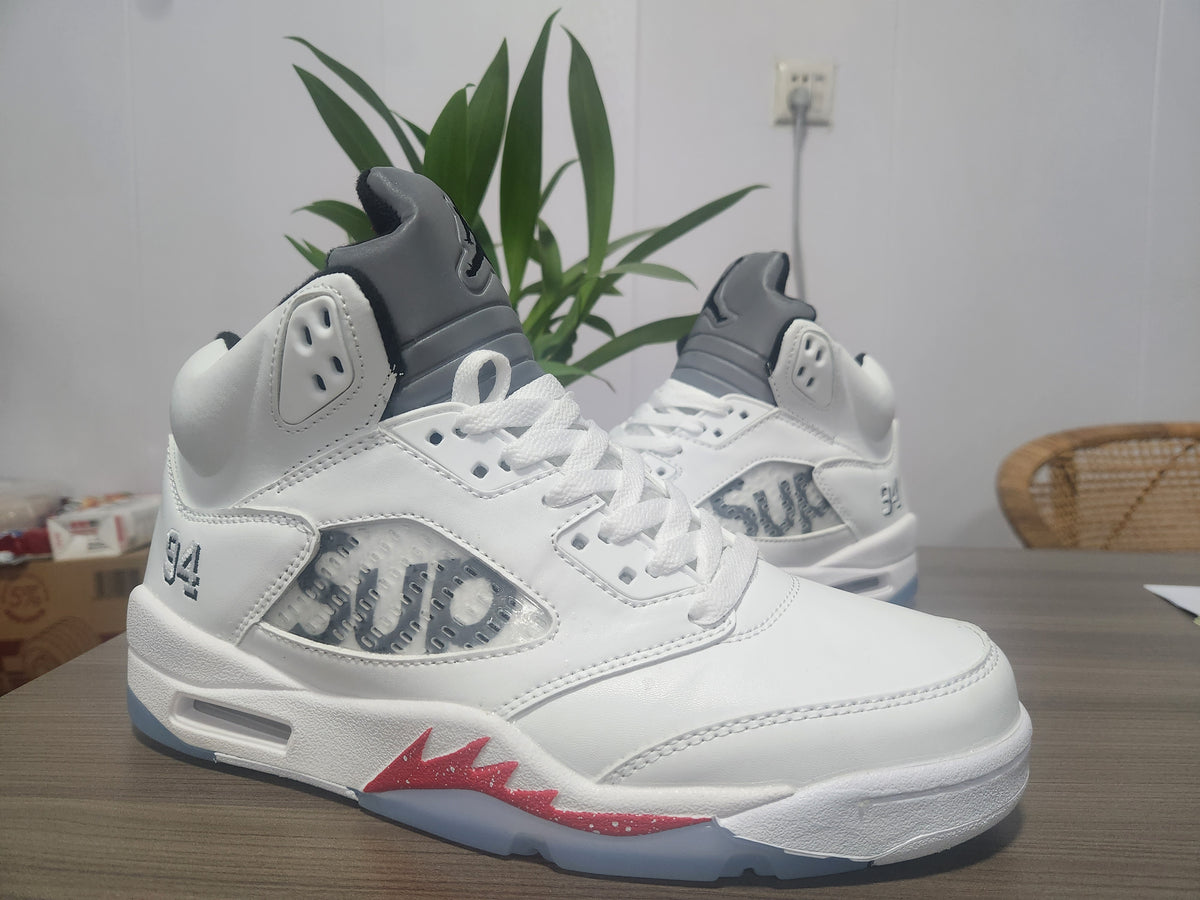 AIR JORDAN5 White High-Top Sneakers with Red Accents
