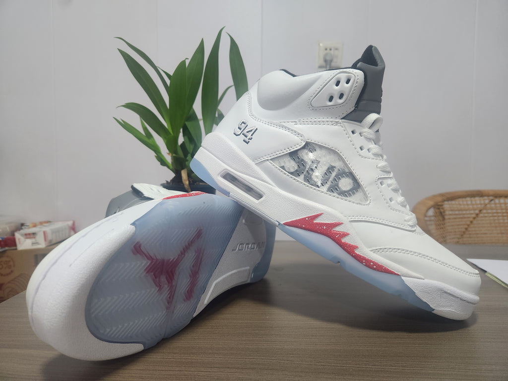 AIR JORDAN5 White High-Top Sneakers with Red Accents