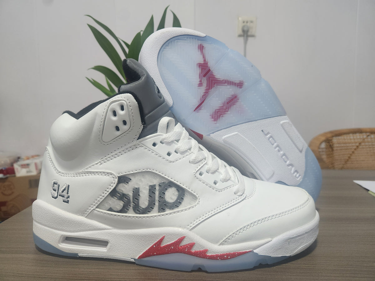 AIR JORDAN5 White High-Top Sneakers with Red Accents
