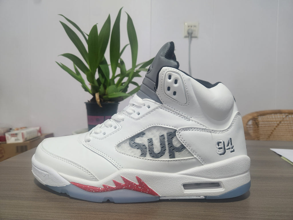 AIR JORDAN5 White High-Top Sneakers with Red Accents