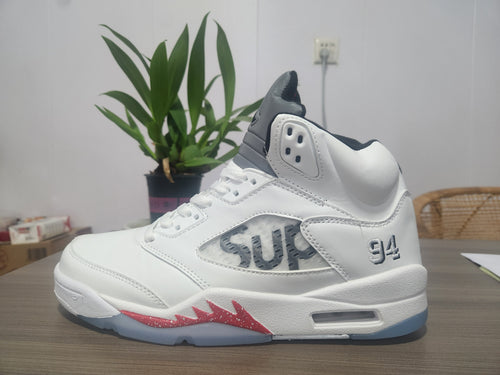 AIR JORDAN5 White High-Top Sneakers with Red Accents
